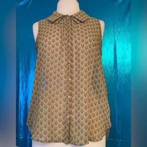 Pleione Tan Patterned Semi-Sheer Sleeveless Button-up Blouse - M